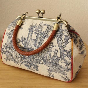 Arzttasche Toile de Jouy mit Schultergurt Marineblau Große Kisslock Handtasche Einzigartiges Geschenk für Sie