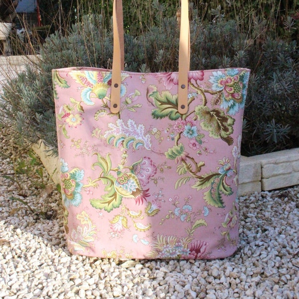 Sac fourre tout Toile de jouy sac cabas motif Fleurs avec trousse cosmétiqué pour femme cadeau pour elle