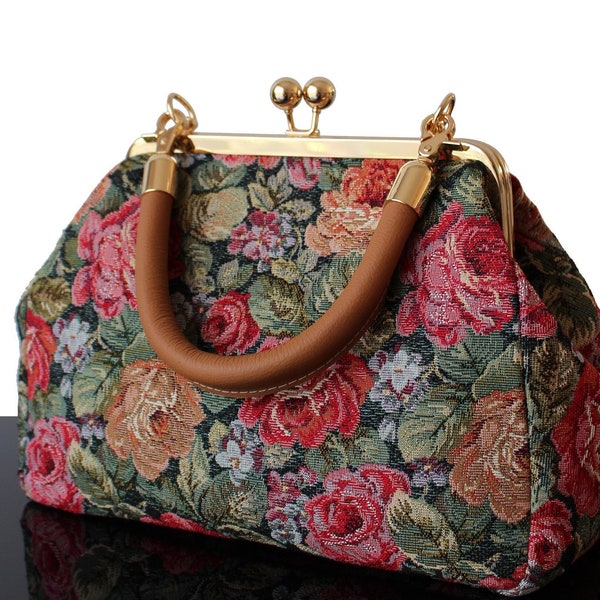 Sac tapisserie vintage roses Fleurie fabriqué en France sac à main rétro pour femme Cadeau original