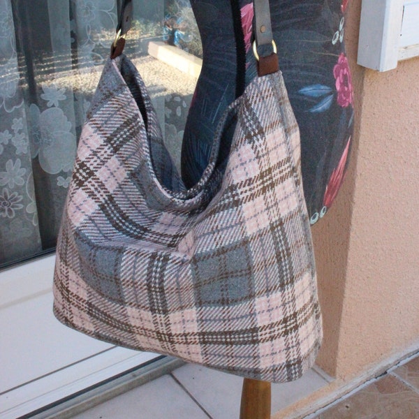 Sac en Tweed de laine femme Fourre tout avec anse en cuir souple sac hobo tweed gris er rose bandoulière cuir véritable