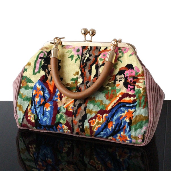 Sac en Tapisserie vintage Geisha fermoir retro sac velours côtelé femme avec bandoulière en cuir véritable Canevas ancienne