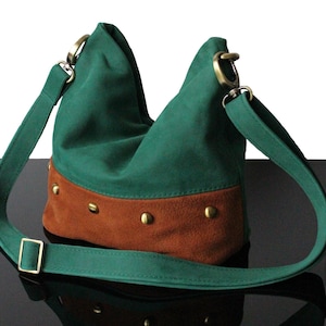 Studded leather bag with shoulder strap Green leather Bucket bag for women Soft Leather bag made in France Handmade Gift unique
