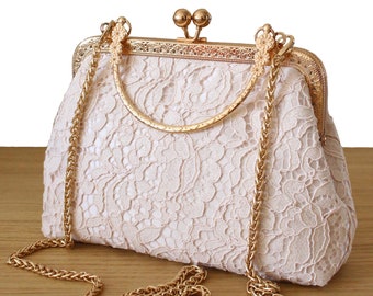 Champagne Gold Bridal bag Evening clutch kisslock purse Floral Wedding bag