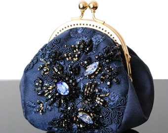 Navy evening minibag vintage evening bag Beaded wedding clutch with Swarovski crystal