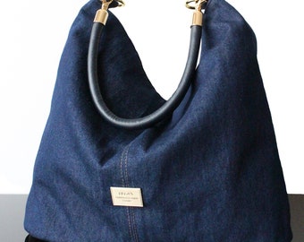 Jean canvas tas met rits originele Denim tas echt leren handvat Marineblauwe Hobo tas in blauw Jean cadeau voor haar