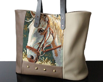 Needlepoint tote Horses Head French Tapestry bag Original needlepoint handbag Real leather gift for her