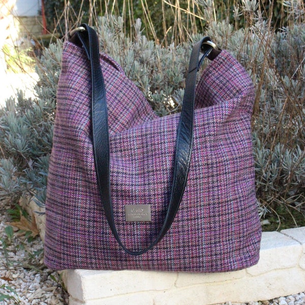 Tweed handbag large Wool tote bag with real leather shoulder strap Gift for her