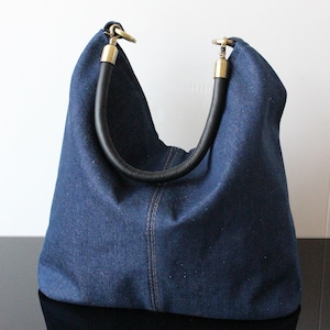Sac en Jean sac hobo Denim bleu foncée Anse en cuir véritable amovible fourre tout Minimaliste tendance Cadeau pour elle sac à main Denim