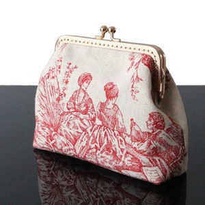 Trousse de maquillage en Toile de Jouy sac cosmétique en lin Trousse faite main Toile de jouy rouge style vintage retro cadeau pour elle