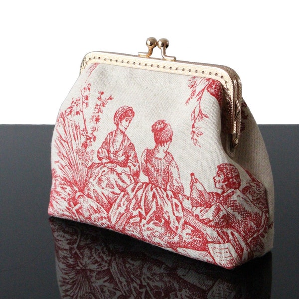 Trousse de maquillage Toile de jouy en lin sac pochette personnalisés pour femme style vintage fabriqué en France