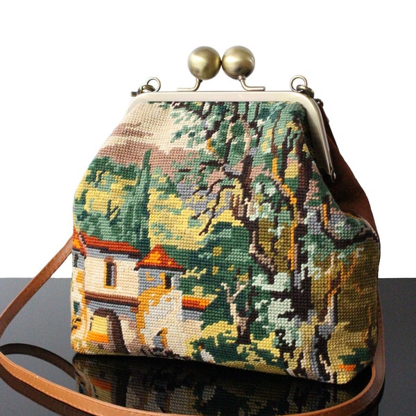 Sac en cuir et canevas vintage avec bandoulière sac Tapisserie motif village sac fermoir métallique rétro