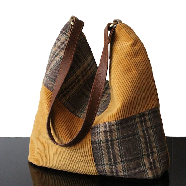 Sac hobo Velours côtelé anse cuir véritable sac velours jaune moutarde fourre-tout femme