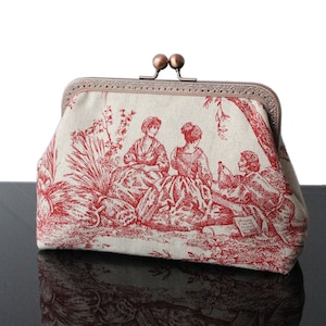 Large kisslock Makeup bag Toile de Jouy Love linen Red and beige Vintage Frame Coin purse Cottage Style wallet Gift for her made in France