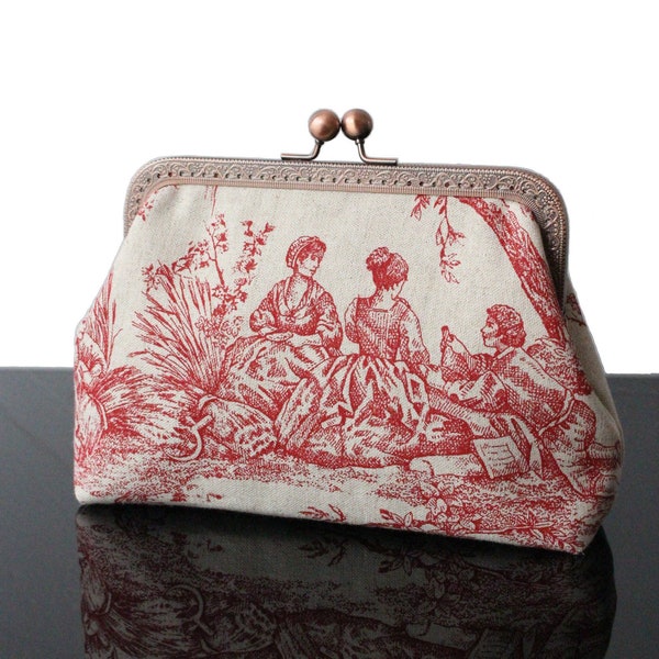 Pochette Toile de jouy trousse de maquillage femme en Toile de jouy rouge style vintage cadeau pour elle