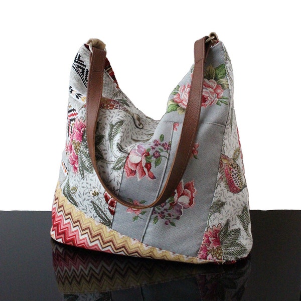 Unique floral patchwork shoulder bag Vintage roses Women's tapestry tote handbag gift for her