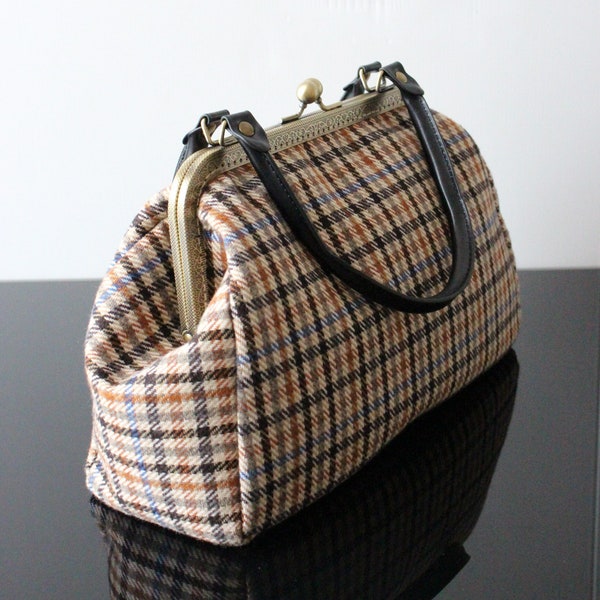 Vintage Wool Plaid handbag Large kisslock Doctor bag Shoulder bag Original Creation unique gift for her