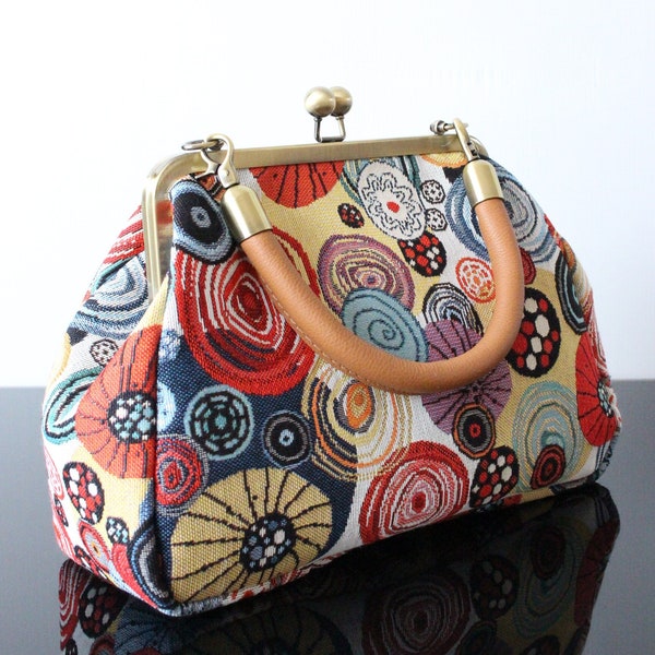 Sac Tapisserie art Moderne fermoir rétro métallique avec bandoulière en cuir véritable sac femme cadeau original pour elle