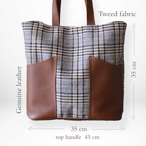 Wool and Leather tote bag with large Leather pockets in the front Tweed bag Navy blue and Brown Vintage style Shopper bag for Women