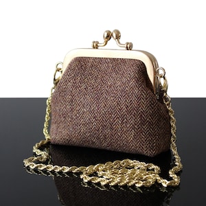 Sac à main en Tweed de laine Chevron style Vintage sac MINI porte-monnaie pour femme Pochette mariage et soirée marron cadeau original