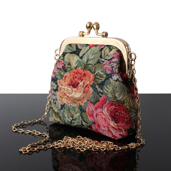 Sac en tapisserie motif Roses pochette Mariage et soirée porte-monnaie fermoir rétro vintage tendance 2023 cadeau pour femme