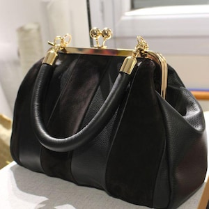 Retro-Tasche Elegante Handtasche aus weichem schwarzem Leder im Patchwork-Stil für Damen, einzigartiges Geschenk, Umhängetasche, hergestellt in Frankreich