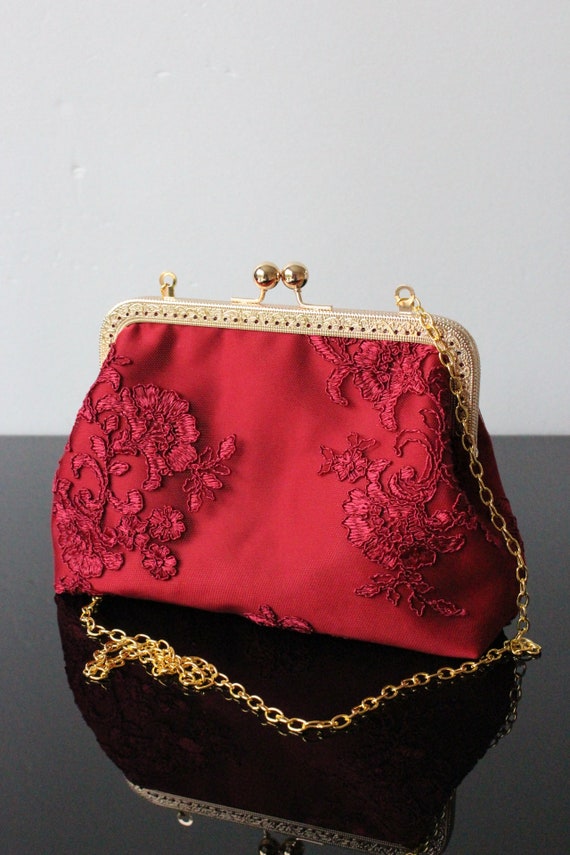 Burgundy Wedding Clutch Bag Red Lace Bridal Purse Evening Bag Silk Kisslock Bag