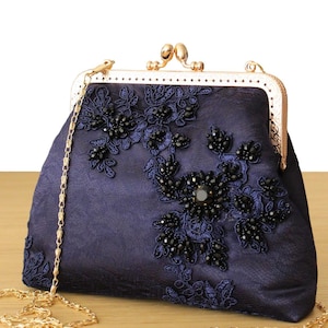 Navy blue evening bag Embroidered Wedding clutch with Swarovski crystals for Mother of the Bride Silk clutch purse