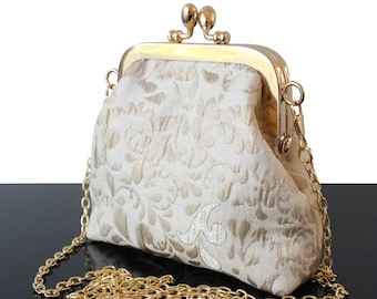 Sac pochette Mariage et soirée Beige doré tissu Haute couture élégant pochette femme fermoir rétro style vintage Cadeau pour elle