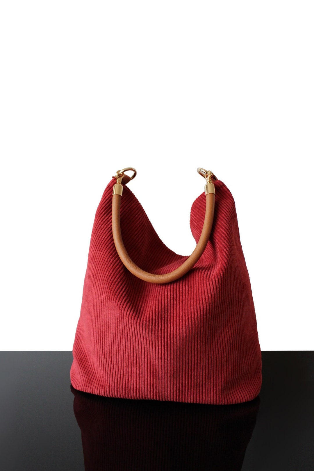 Tote Bag Corduroy Red Velvet Hobo Bag Brown Leather Handle Etsy