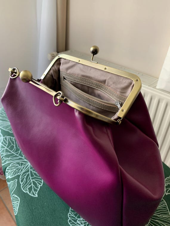 Oversize Leather Kisslock Clutch Violet Genuine Leather Large