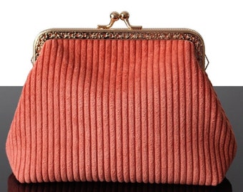 Pochette Corail Velours côtelé fermoir vintage Trousse de maquillage femme porte-monnaie en velours cadeau unique pour elle