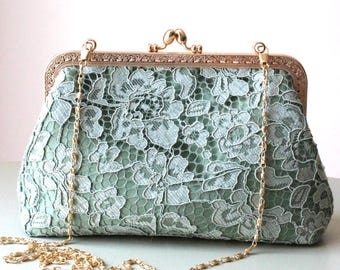 Elegant Evening bag Sage Green lace silk Bridal clutch Wedding day gift Vintage purse kisslock Mother of the Bride