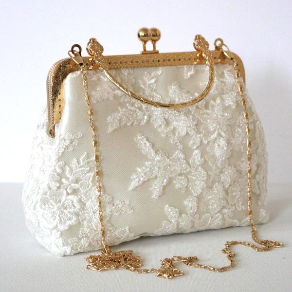 Bestickte Hochzeitstasche in Elfenbein, Clutch aus Seidenspitze, Zeremonientasche im Vintage-Stil