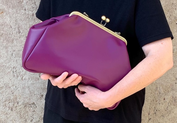 Oversize Leather Kisslock Clutch Violet Genuine Leather Large