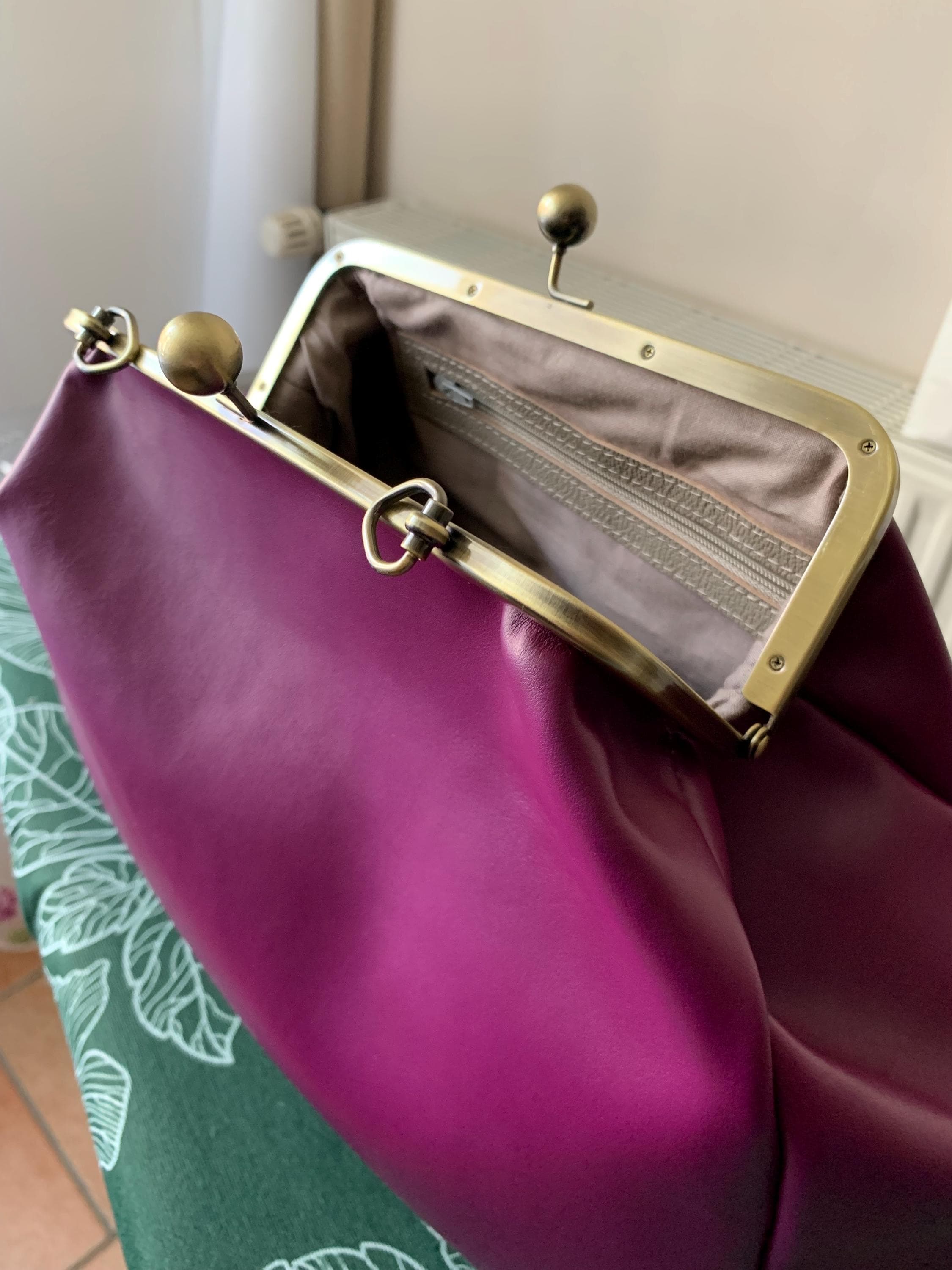 Oversize Leather Kisslock Clutch Violet Genuine Leather Large
