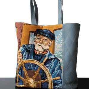 Large Tote bag Blue leather and vintage tapestry Fisherman Needlepoint Tote bag top handles upcycled handmade bag Unique gift for Her