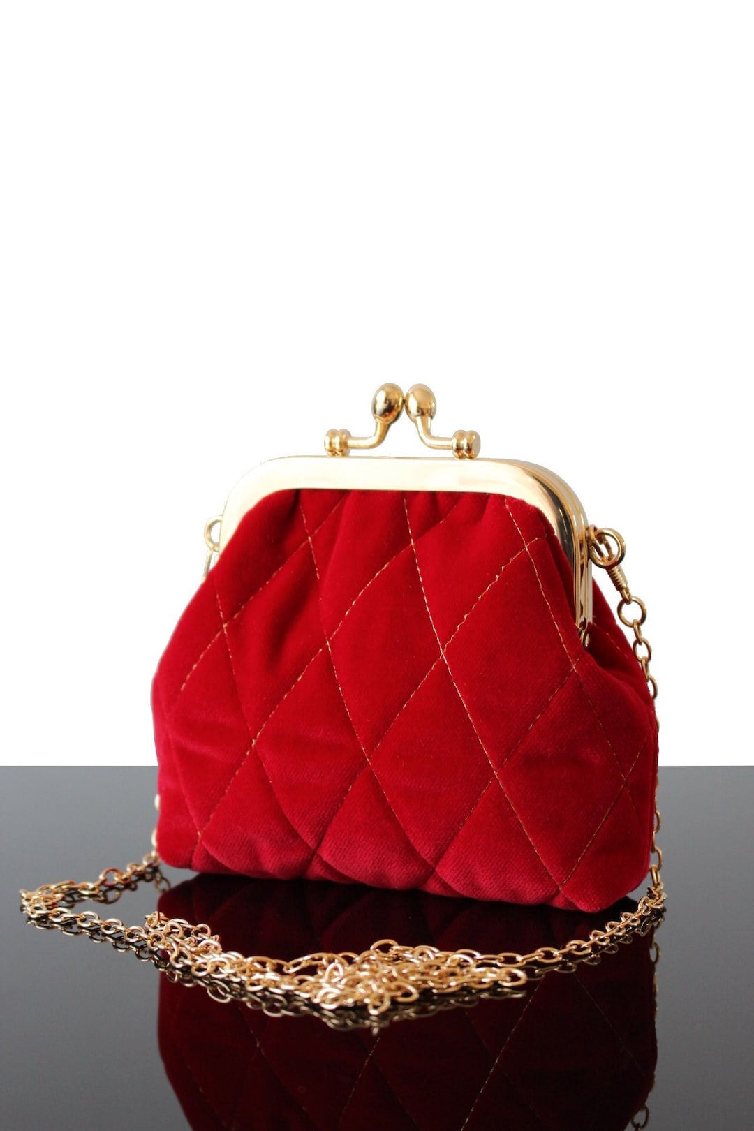 Evening Bag Red Velvet Bag Kisslock Purse Quilted Purse Wedding Clutch