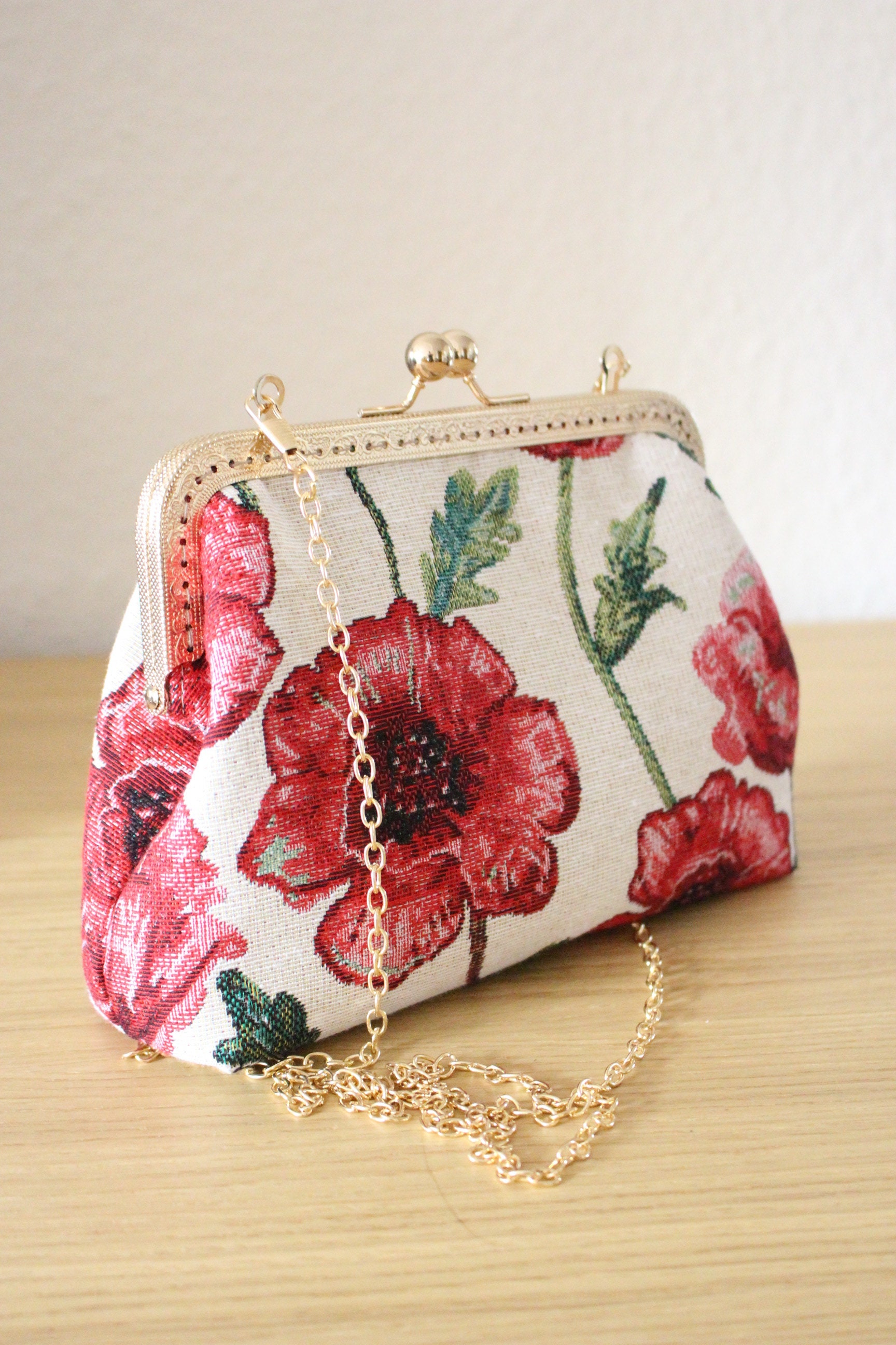 Poppy Red Kisslock Bag Floral Wedding Clutch Handmade Design