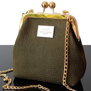 Wedding clutch Kisslock purse Khaki leather bag Vintage purse Bridal bag Shoulder evening bag Gift for her Olgaluxurycreation