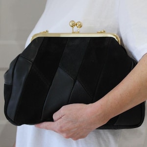 Large kisslock clutch bag Black leather frame bag 25 cm Black leather oversized kisslock clutch Genuine leather and Suede Doctor bag