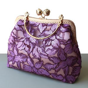 Purple sequin clutch bag Lavender Wedding purse with Tulip clasp Sequins Lilas Clutch Unique evening bag for women Vintage handbag