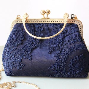 Navy blue Wedding clutch bag in Luxury lace and golden kisslock clasp Silk Evening bag for Mother of the Bride Navy blue purse
