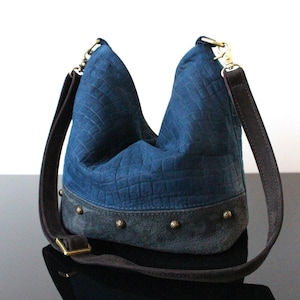 Leather Bucket bag Navy blue and Black Studded bag with shoulder strap Soft Genuine leather handmade bag Design unique France
