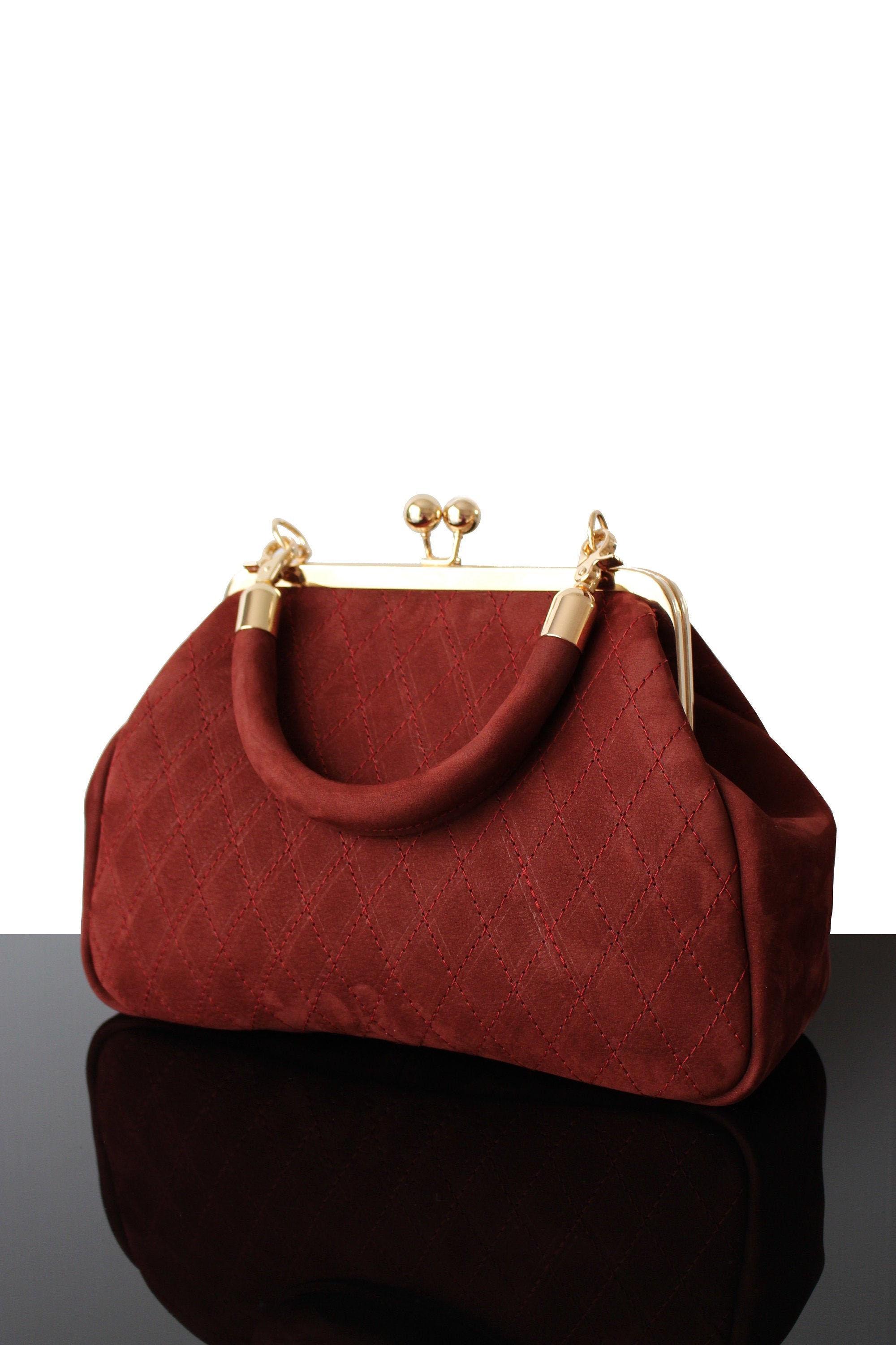 Red Leather bag women Quilted bag Kisslock Large Suede purse Etsy