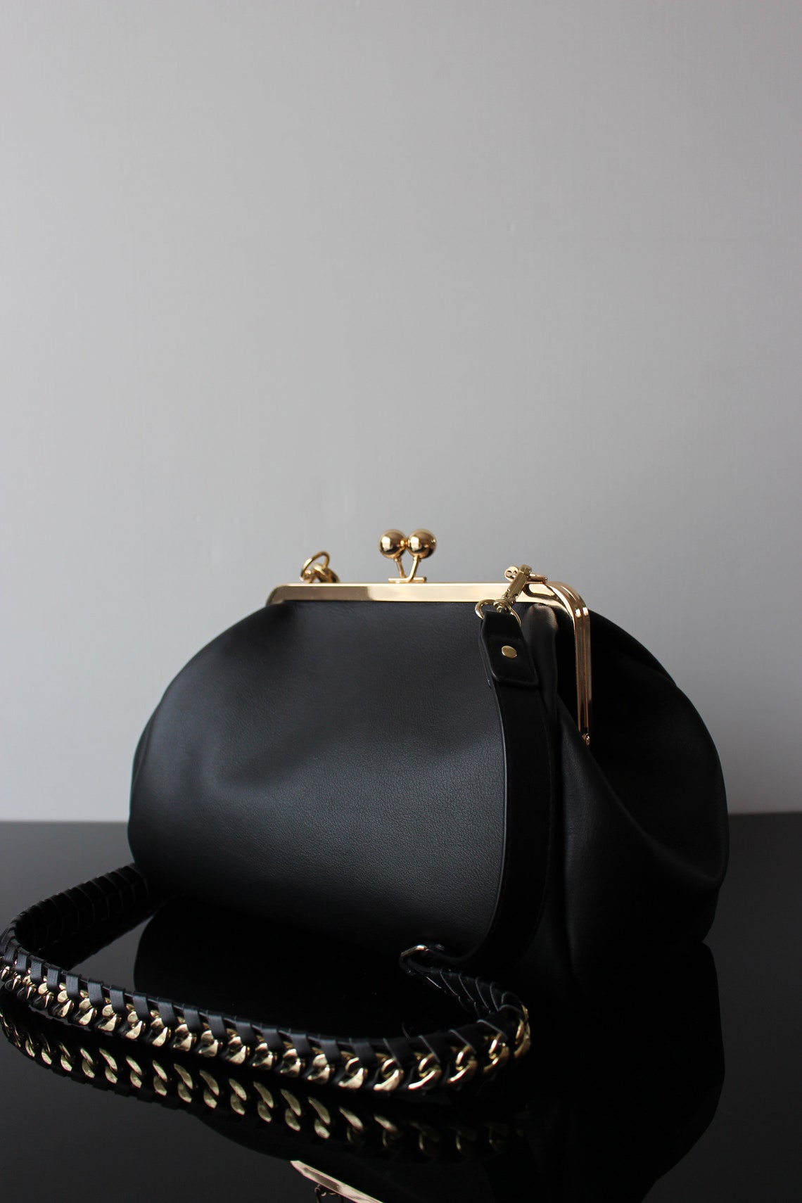 Large kiss lock Handbag Black leather Rock bag Leather cross Etsy