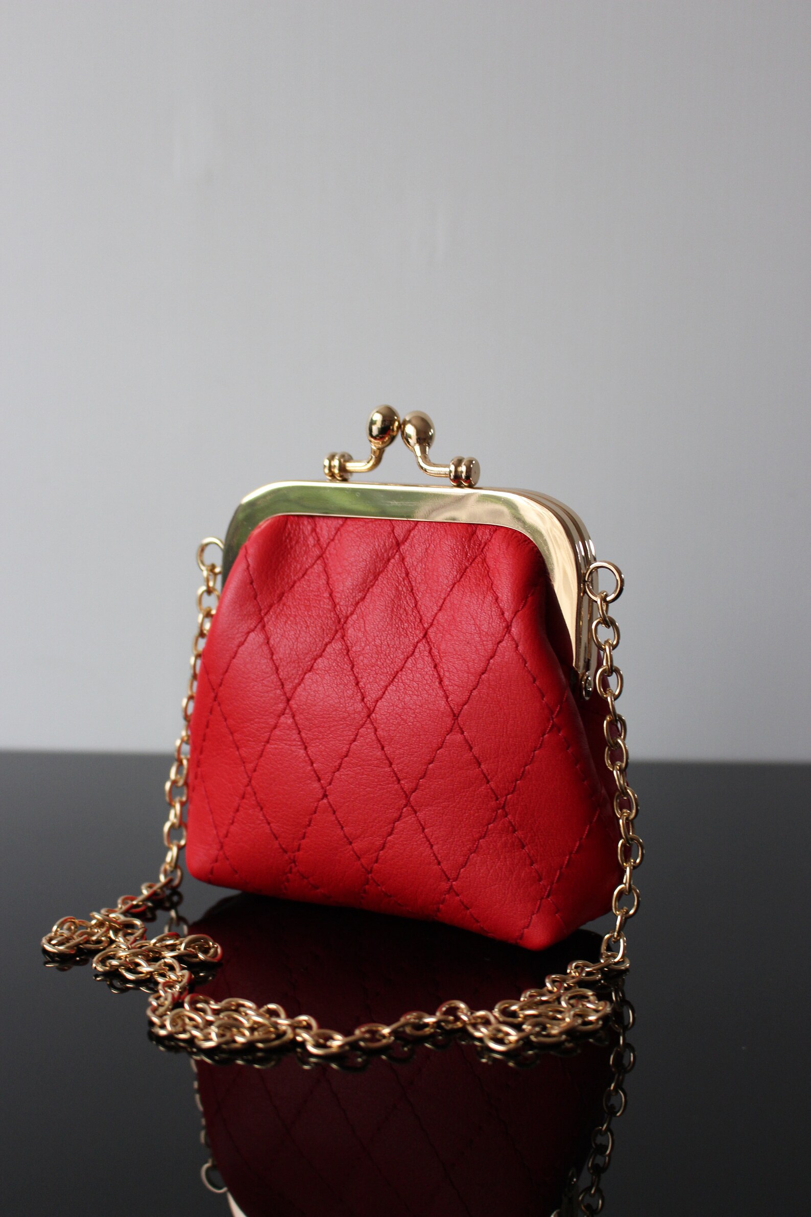 Red leather kiss lock purse quilted bag Designer bag kiss lock Etsy