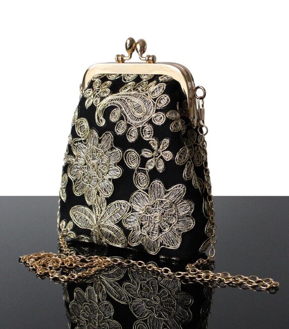 Black Ang Gold Evening Bag Mini Kisslock Clutch With Chain