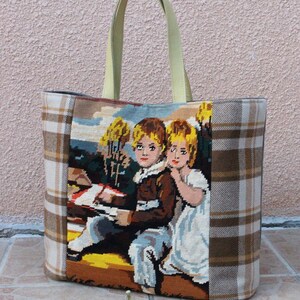Tapestry Needlepoint bag The Bowden children by J. Hoppner Genuine Leather handles Large Tweed tote bag Gift unique Vintage handbag