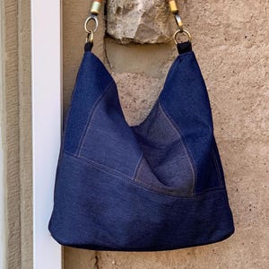 Denim tote bag Leather Top handle Patchwork Shoulder bag handmade