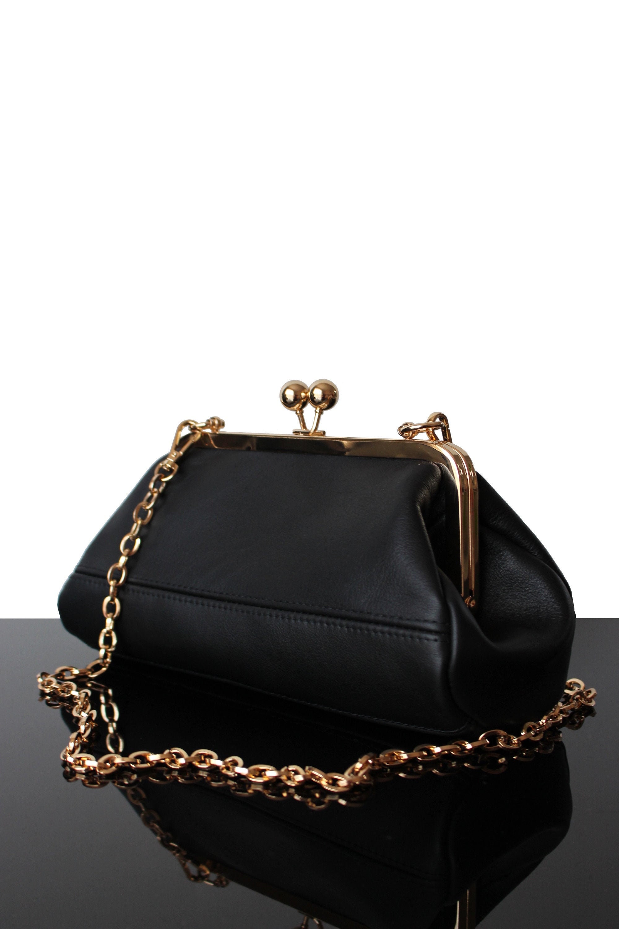 Black Large Clutch bag with strap Kiss lock clasp bag Etsy